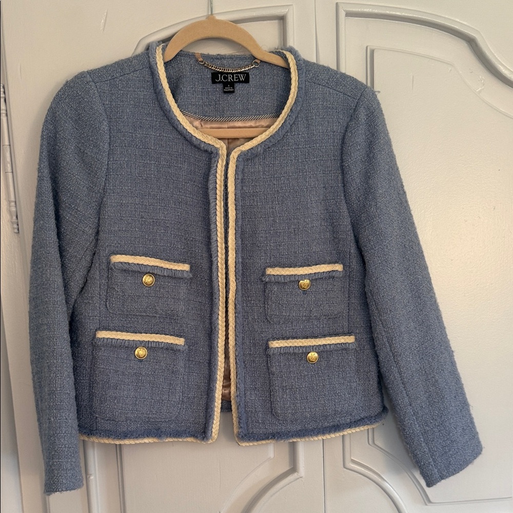 J. Crew Light Blue Tweed Cropped Jacket with Cream Trim